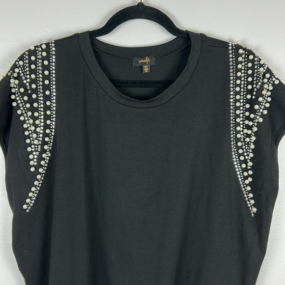 Ontwelfth Classic Embellished Pearl Rhinestone Short Sleeve Top XL Black - Picture 3 of 11
